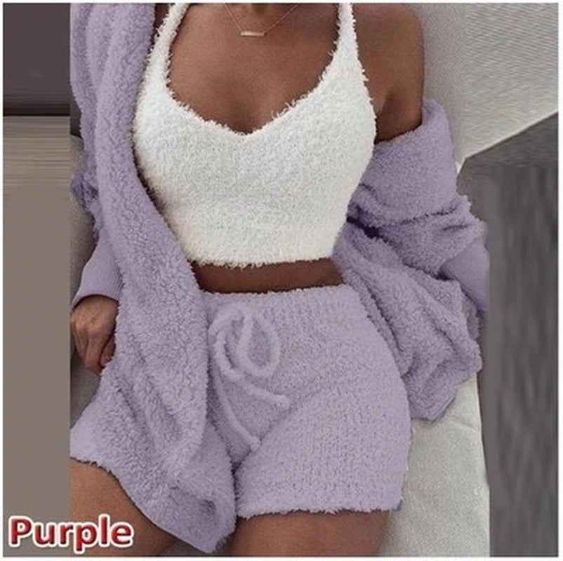 Three Piece Fluffy Shorts Top Hooded Cardigan Set 