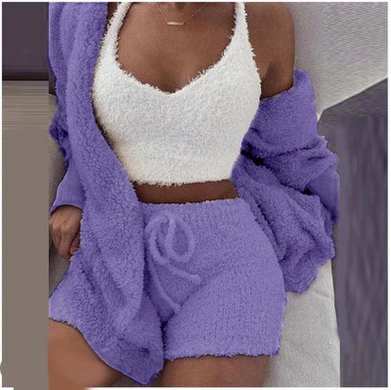 Three Piece Fluffy Shorts Top Hooded Cardigan Set 