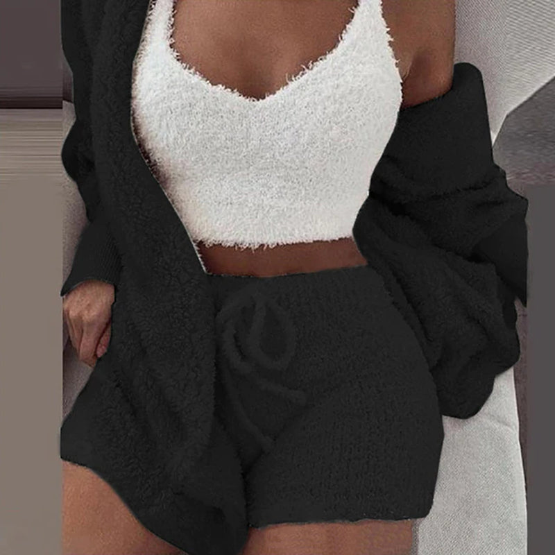 Three Piece Fluffy Shorts Top Hooded Cardigan Set 