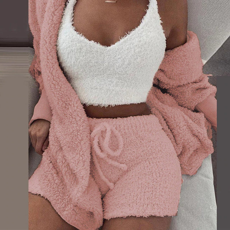 Three Piece Fluffy Shorts Top Hooded Cardigan Set 