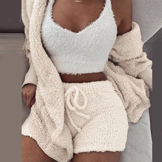 Three Piece Fluffy Shorts Top Hooded Cardigan Set 